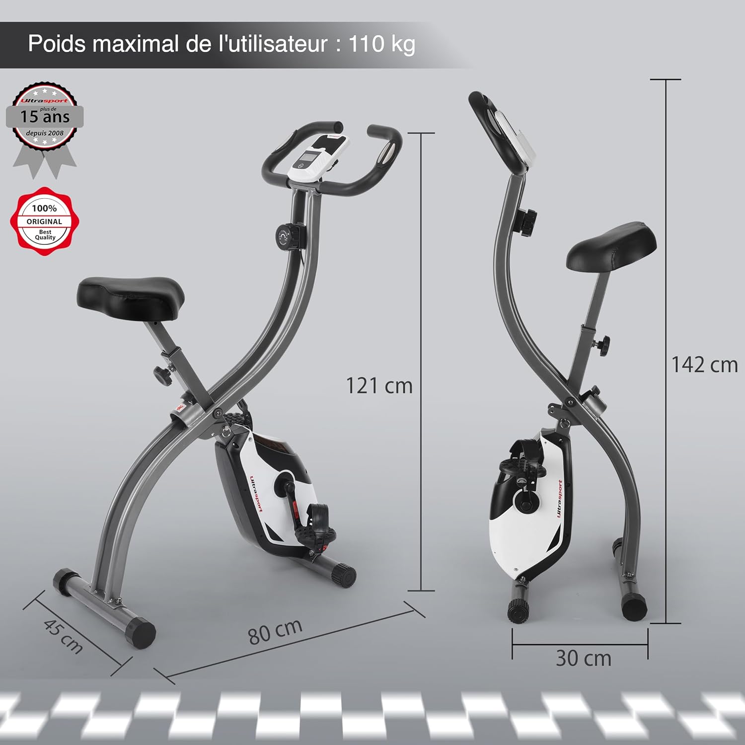 Ultrasport F-Bike 150/200, vélo d'appartement, 8 niveaux de résistance, support de tablette, capteurs de pouls manuels, pliable, peu encombrant - fitnessterapy