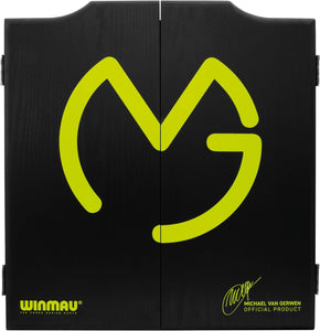 WINMAU MvG Mighty Mike Dartboard Cabinet Set - Comprend Un Jeu de fléchettes en soies, 2 Jeux de fléchettes et des Accessoires - fitnessterapy